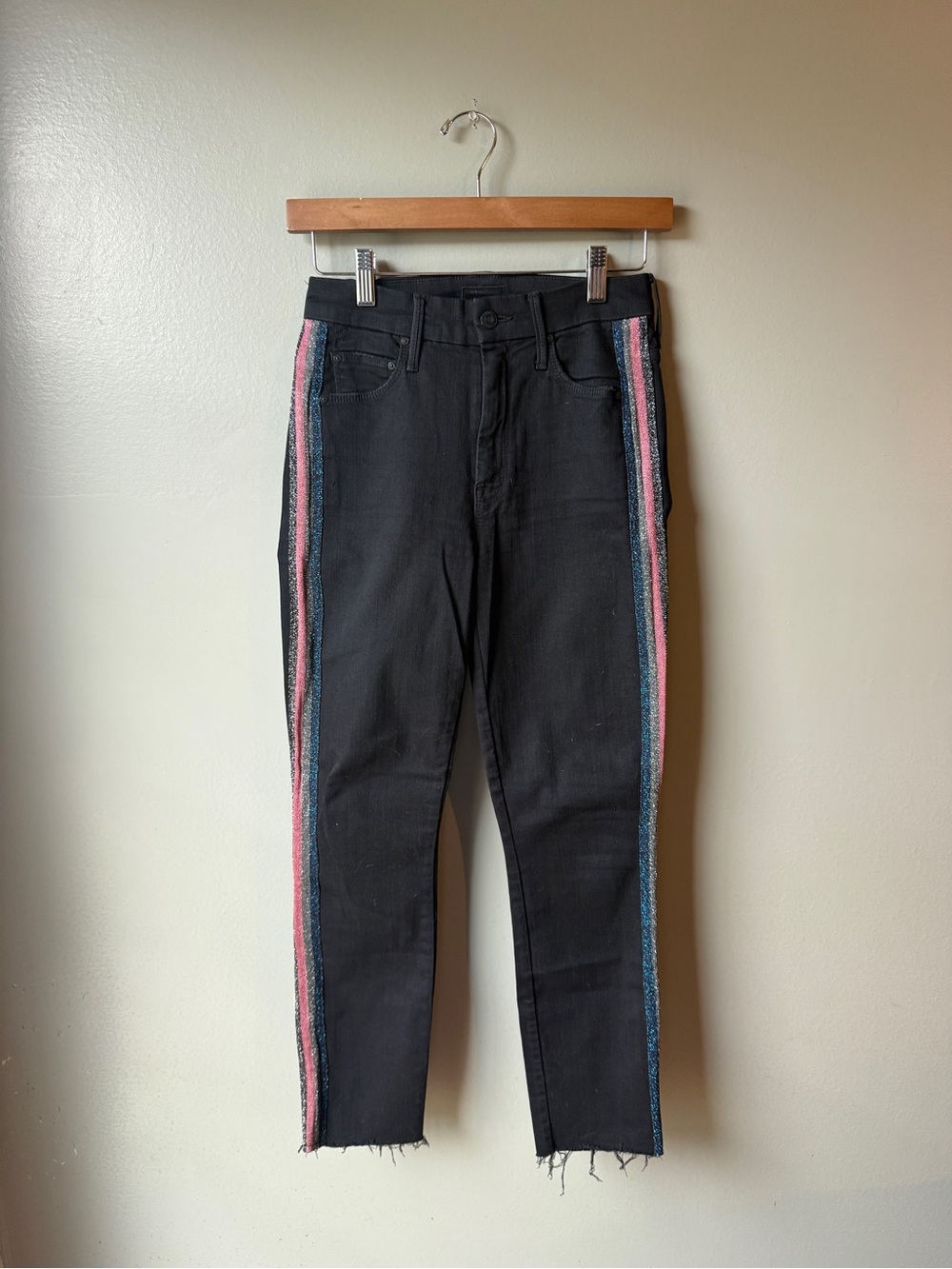 Mother Women’s Black Skinny Jeans Size 24 Glitter Side Stripe Raw Hem